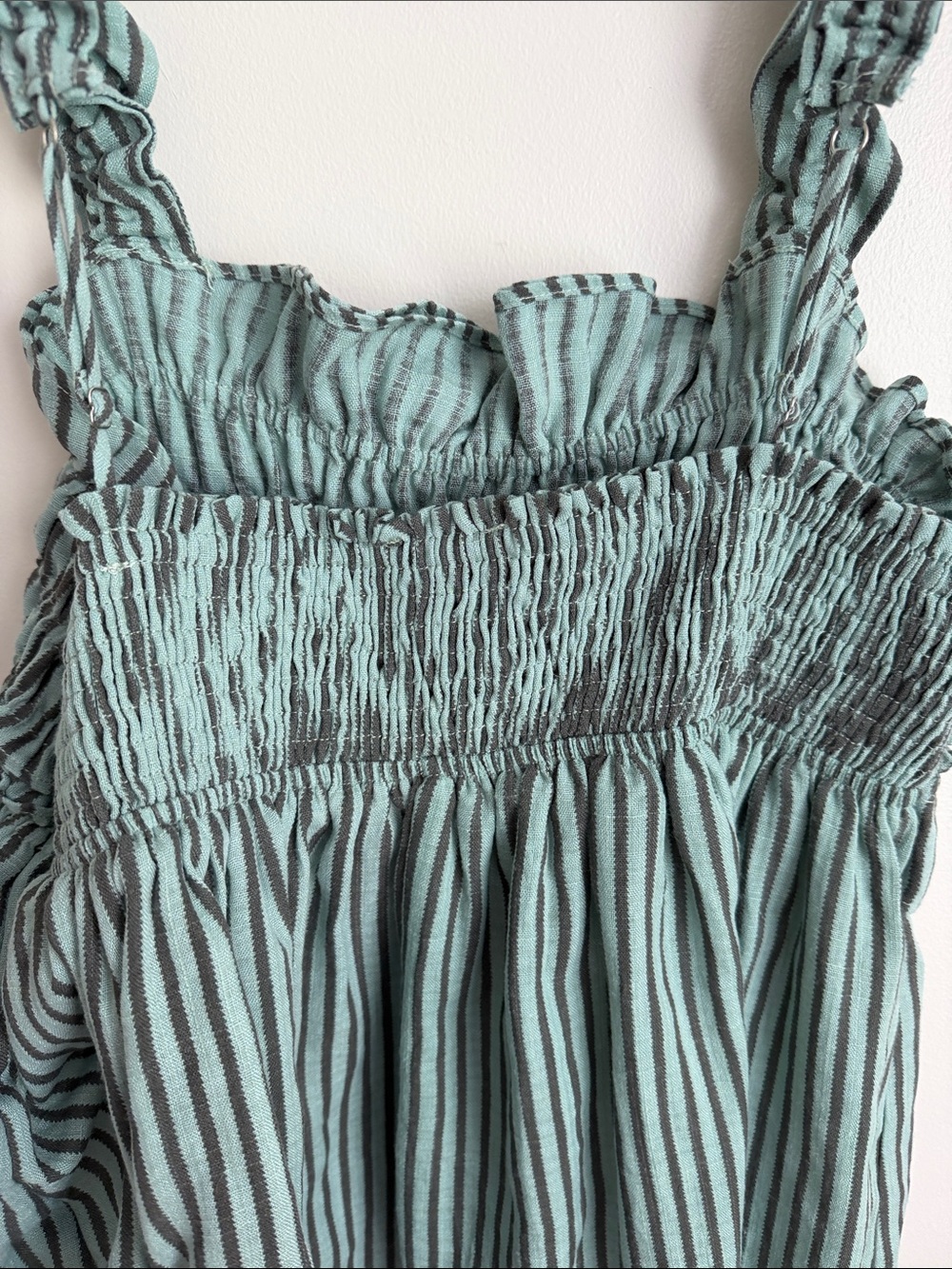 Smocked Ruffle Striped Tank Top - Sage/Teal Green with Charcoal Stripes - Picture 9 of 11